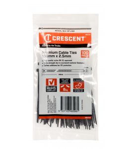 Crescent Cable Ties 100mm x 2.5mm Black 100Pk