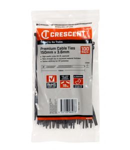 Crescent Cable Ties 150mm x 3.6mm Black 100Pk